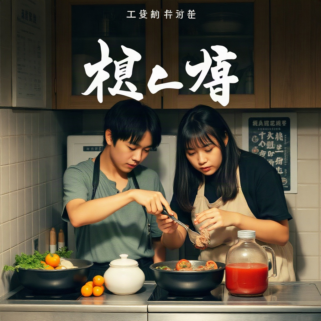 短剧《合租厨房》海报，两位年轻人挤在小厨房里做番茄牛腩